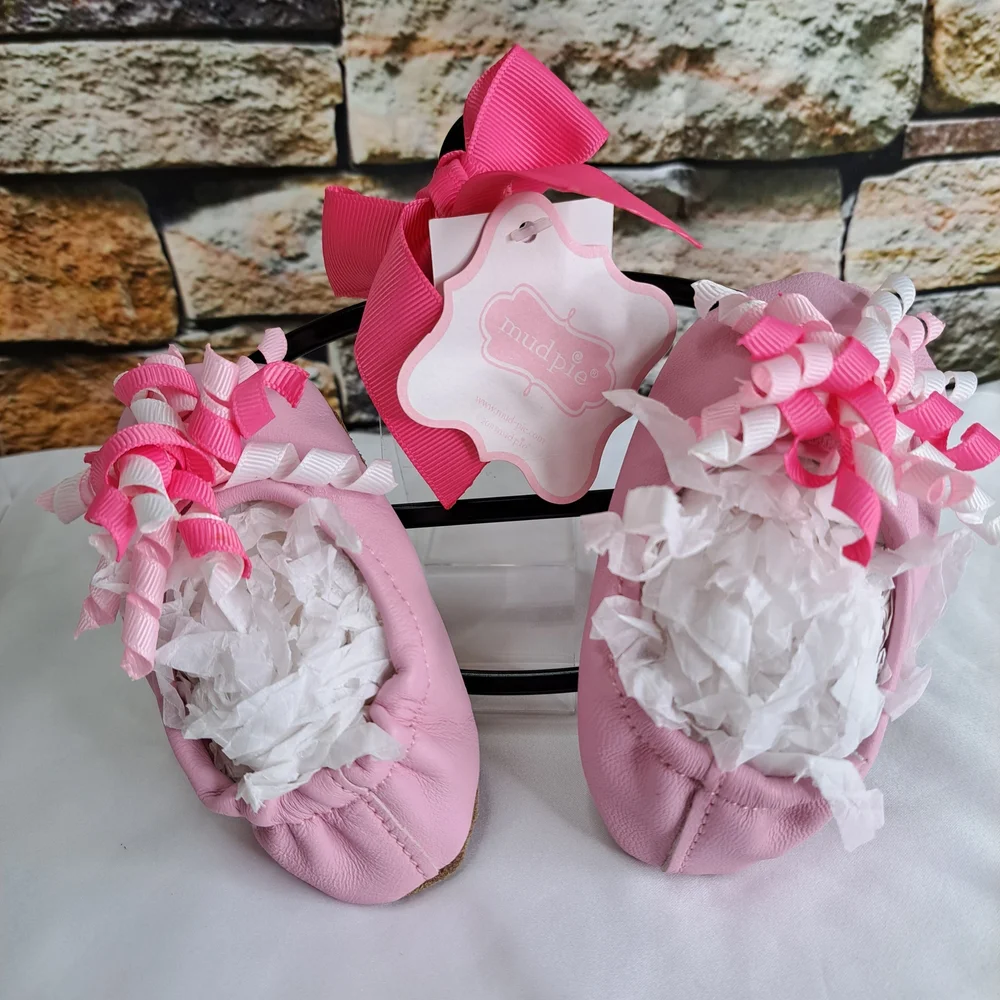 'MUD PIE' LEATHER SLIP-ON SHOES BABY GIFT SET CURLY GROSGRAIN ACC. ROUND TOE